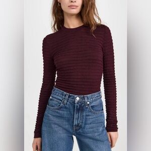 FRAME Smocked Crewneck Long Sleeve Top Wine Silk Blend Women Size L NWT